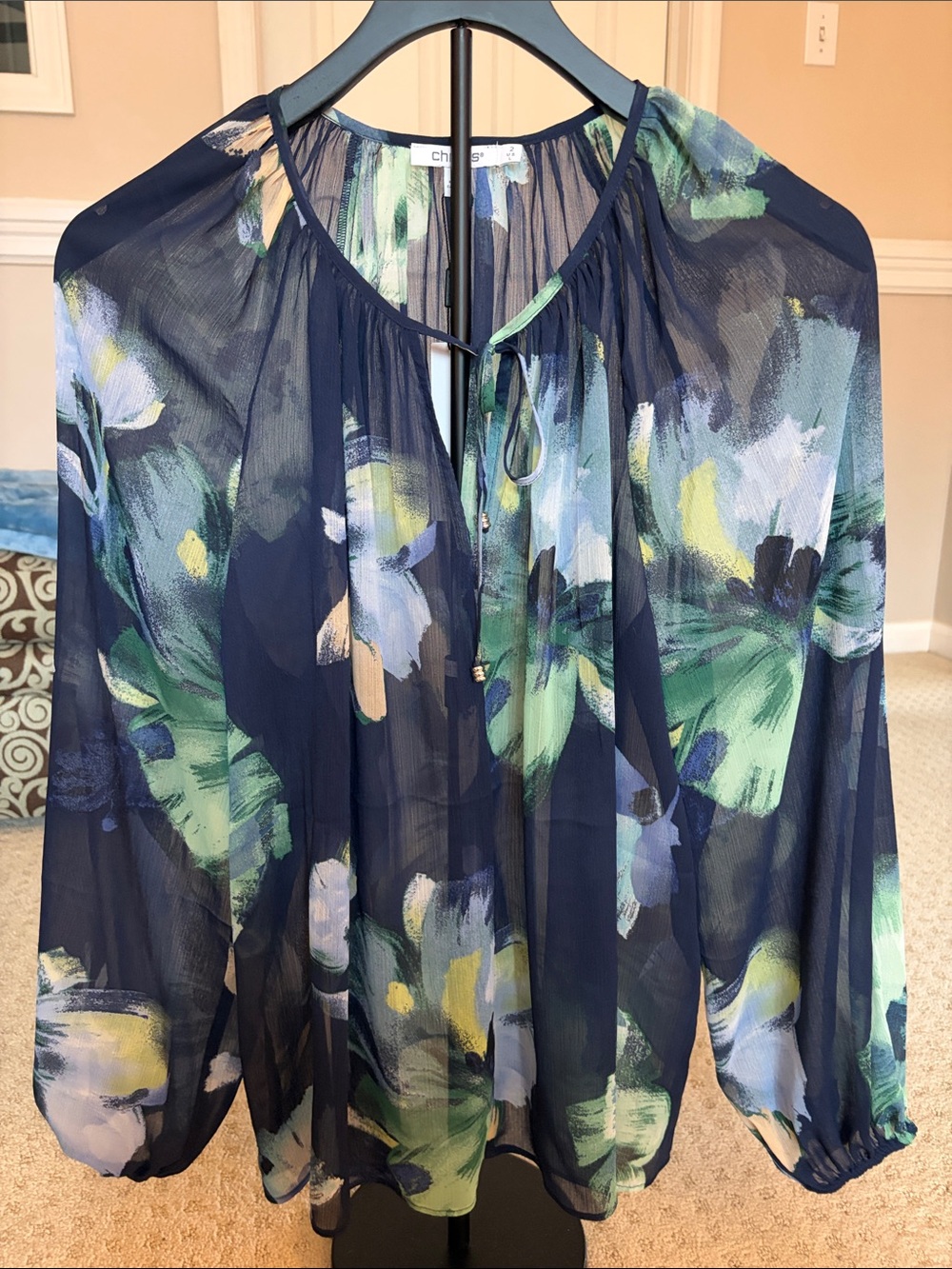Chico's Navy Sheer Floral Tie-Neck Blouse